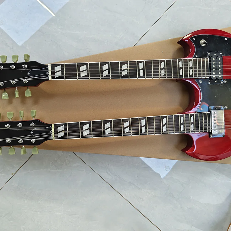 Красная двуглавая электрогитара корпус из цельного красного дерева гриф