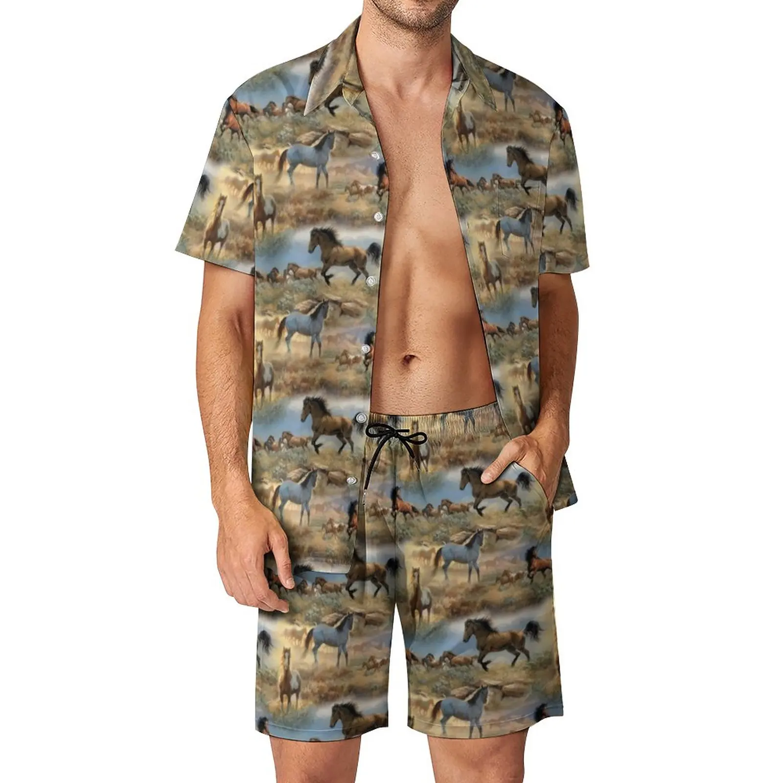 

Мужские комплекты с рисунком лошади в прерии, женская пляжная одежда в виде животного, летний ретро костюм большого размера с коротким рука...