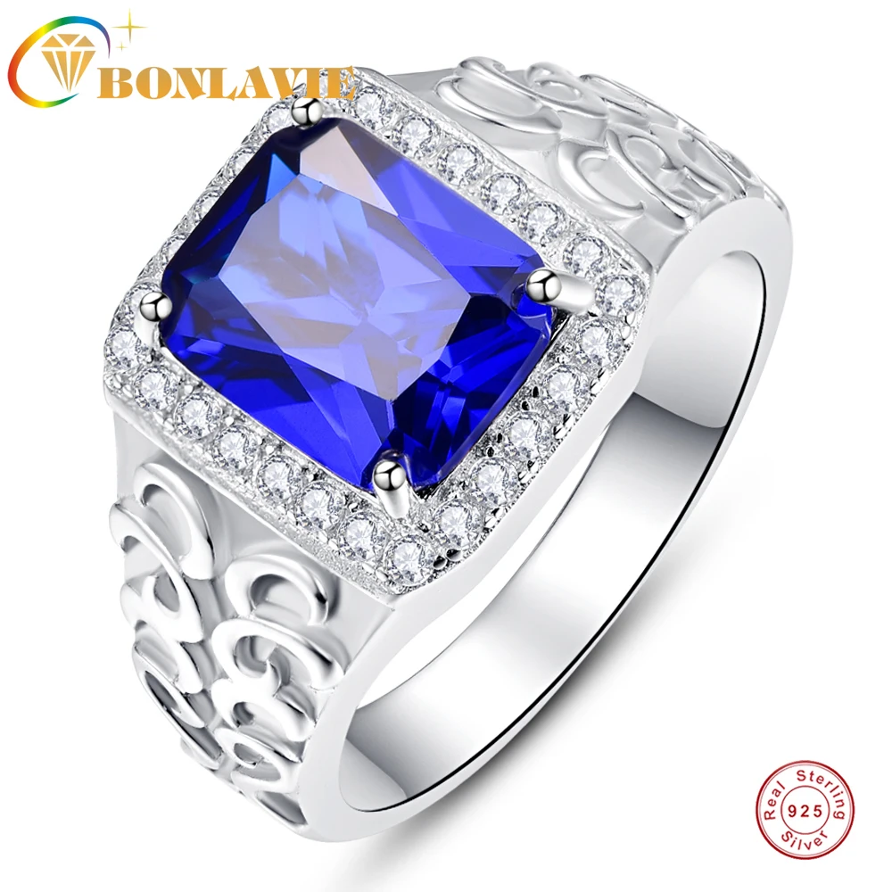 

BONLAVIE 925 Sterling Silver Square Royal Blue Cubic Zirconia Embossed Men's Ring Created Sapphire White Zircon Hollow Ring