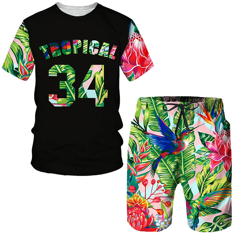 Hawaiian Men's T Shirt + Beach Shorts 2 Piece Set Funny 3D Print Tees Fashion Beach Vacation Harajuku Clothing Short Sleeve Tops