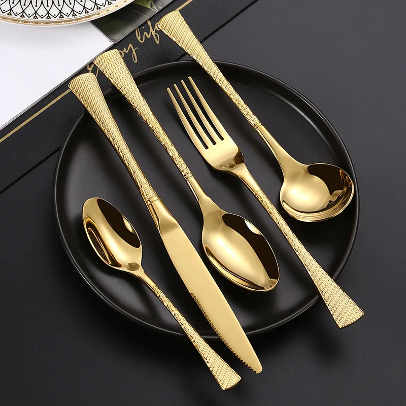 

304 Stainless Steel Cutlery Set Dining Spoon Fork Knife with Hammer Pattern Handle Upscale Western Style Durable Dinnerware