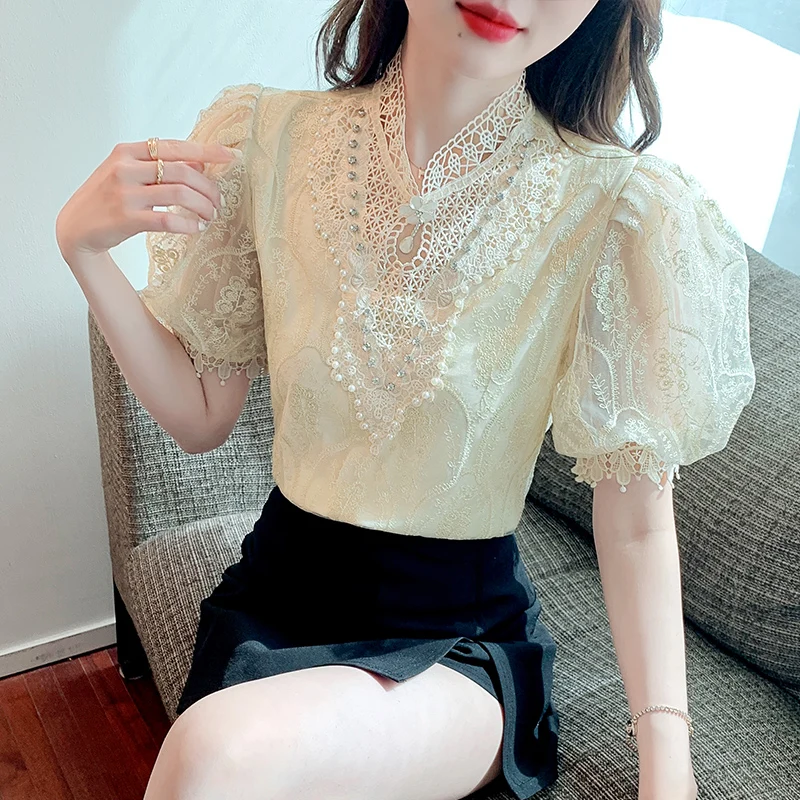 

Женский пуловер с воротником-стойкой, летняя блузка с коротким рукавом и кружевом