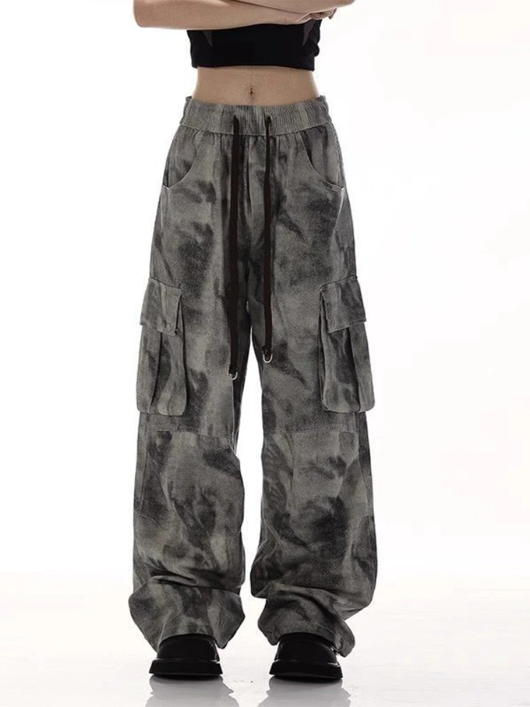 Y2k Harajuku винтажные брюки-карго с принтом тай-дай высокая талия карманы на шнуровке