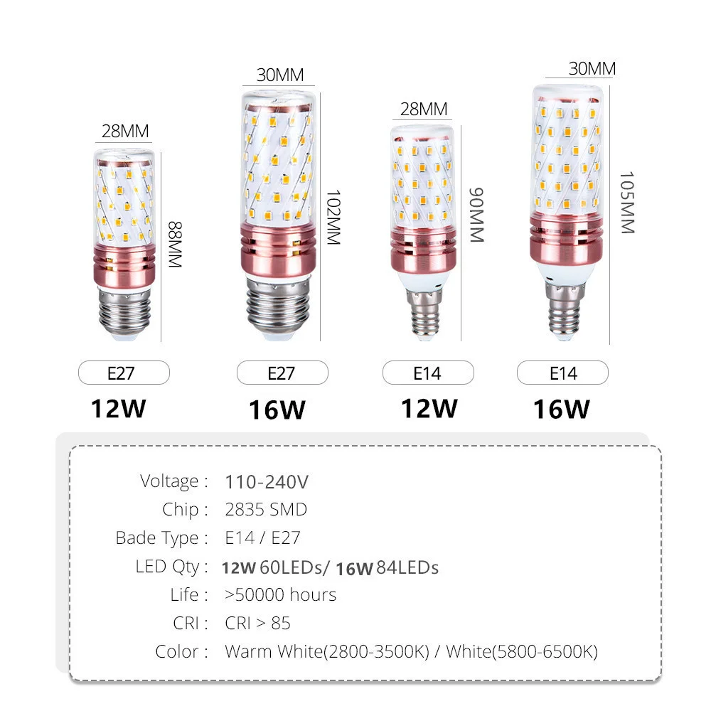 Светодиодная лампочка-кукуруза E14 лампочсветильник-свеча E27 SMD110V 220V теплый 3000K