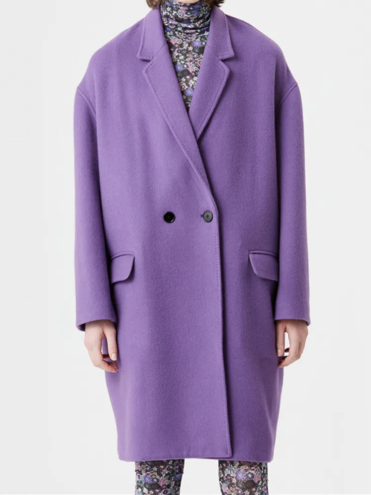 

2023 Winter New Women Notched Double-Breasted With Pockets Mid-Length Straight Purple Simple All-Match Cardigan Coat
