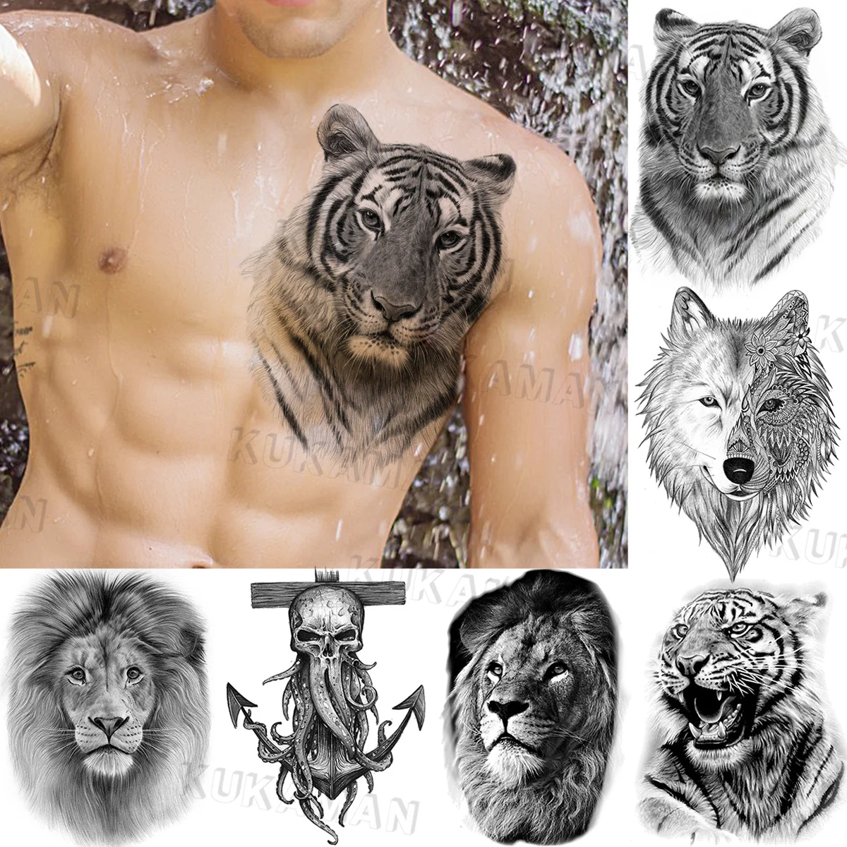 Черная грудь с большим тигром временные татуировки для мужчин взрослые Лев волк
