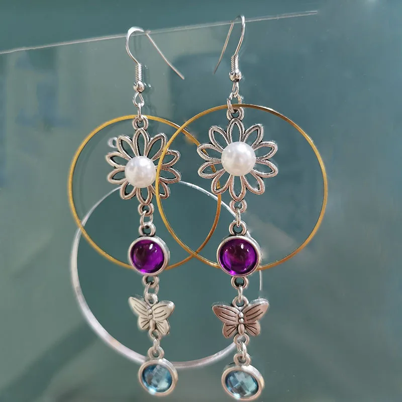 Butterfly Earrings For Women Fashion Vintage Ethnic Hollow Flower Simulated Pearl Dangle Earring Golden Round Earring Jewelry