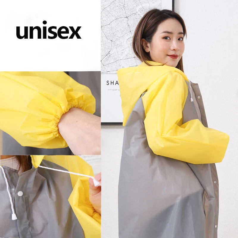

Fashion Colorblock PEVA Raincoat Unisex Long Raincoat Hood Rope Design Waterproof Motorcycle Travel Eco-friendly Poncho