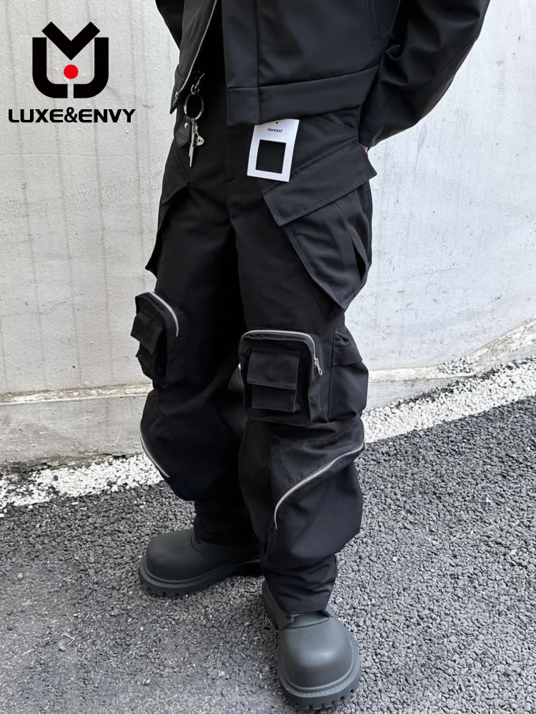 LUXE&ENVY Multi-pocket Multi-zipper Men's Straight Tube Loose Casual Wide Leg Cargo Pants Men And Women Spring Summer 2023 New