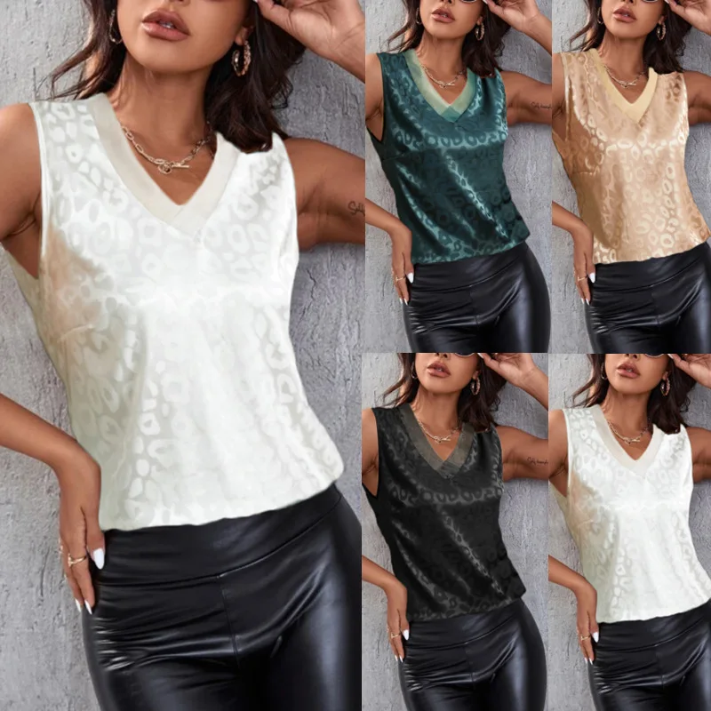 

Women's Loose Summer Casual Oversized Vest V-Neck Jacquard Leopard Print Sleeveless Splicing Fashion Pullover Women Tops 2022