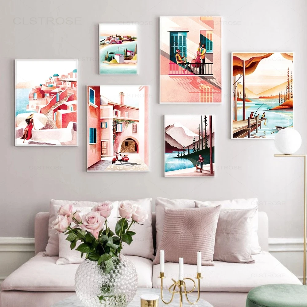 

Скандинавские розовые фотообои Kefalonia, Канада, греческий остров, озеро-Луиз, Картина на холсте, современные настенные картины, домашний декор