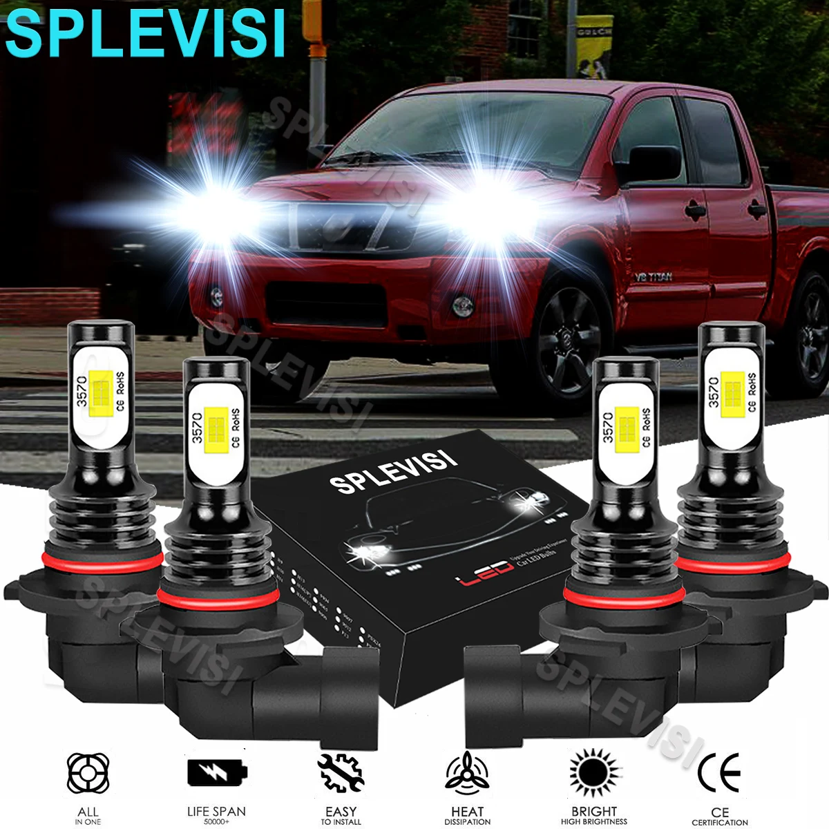 

4x LED Pure White Headlight Hi Low Beam Bulbs 6000K For Nissan Titan 2004-2015 Nissan Armada 2005-2010 Titan 2004 2005-2015