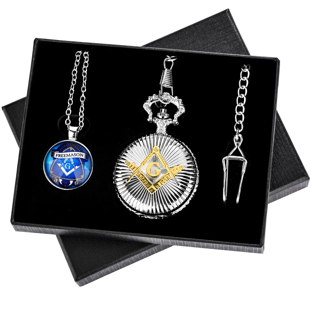 Freemason Pocket Watch Set Fashion Silver Quartz Pendant Clock Letter G Necklace Accessories Gift Box Greeting Card to Father