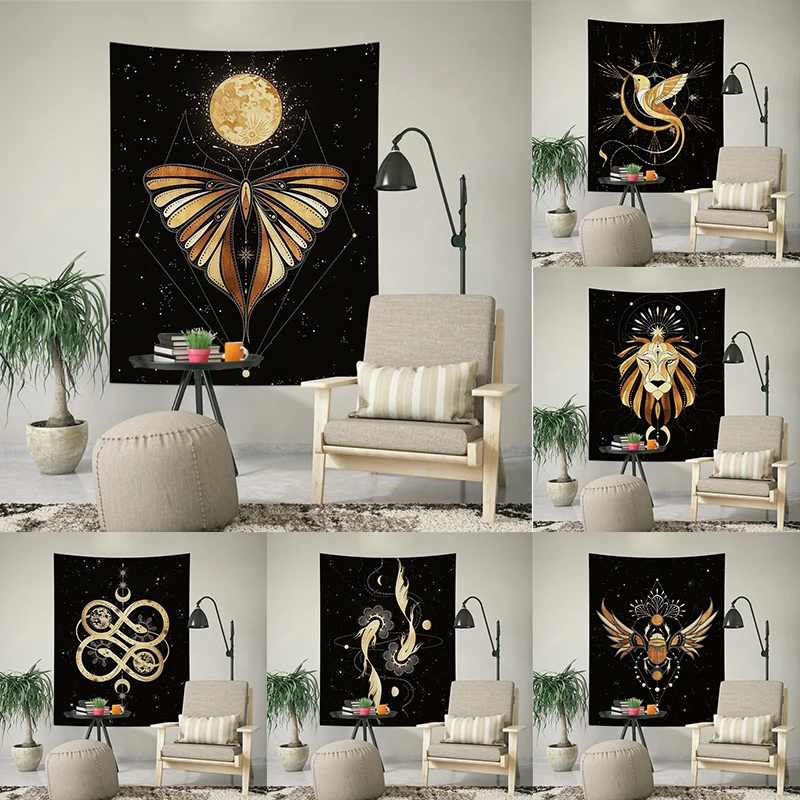 

Golden Animal Print Tapestry Ins Bohemian Background Wall Cloth Butterfly Snake Wall Hanging Tapestryies Bedroom Room Decoration