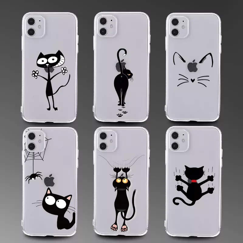 

Cartoons Black Cat Transparent Phone Cover For iPhone 13 11 12 Pro Max Mini XS XR X 7 8P Shockproof Clear Phone Case Funda