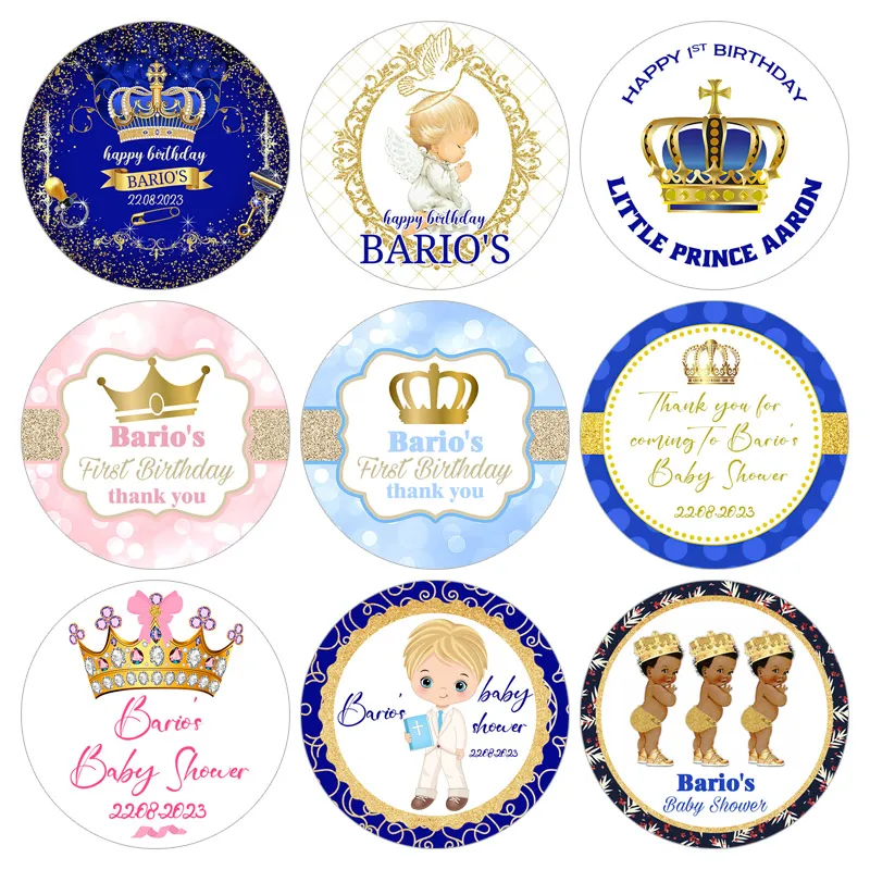 

Custom Royal Blue Baby Shower Stickers Gold Crown Glitter Baby Boy First Birthday Round Sticker Labels Party Decoration for Kids