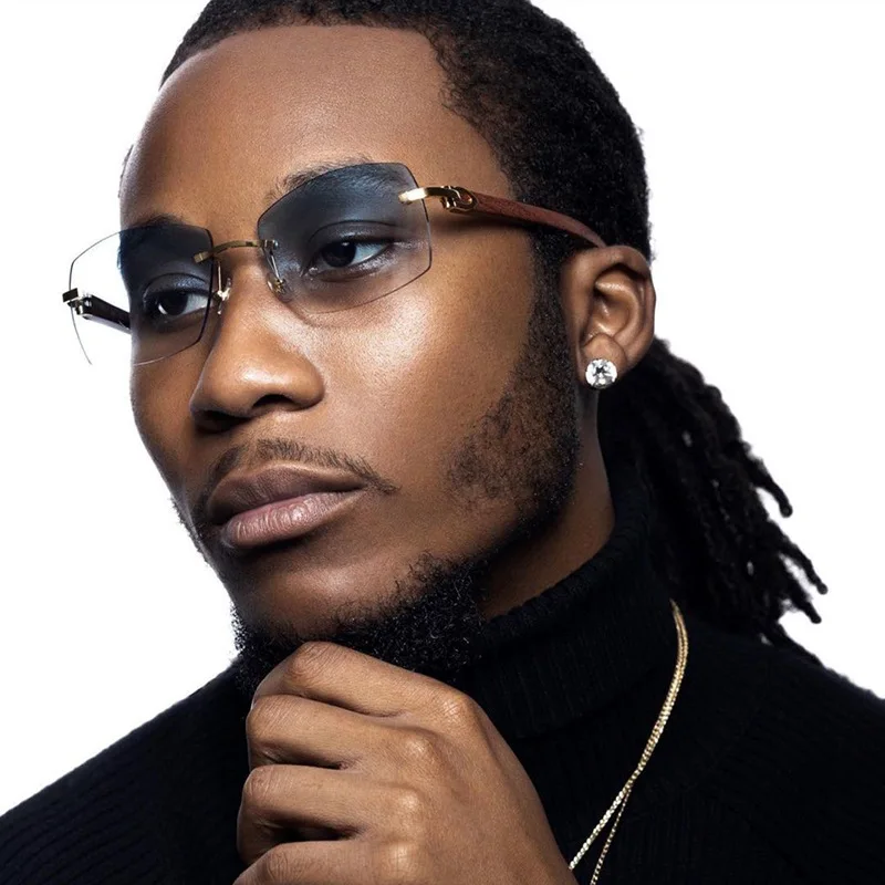 

Wood Grain Foot Frameless Glasses Ocean Slice Diamond Cut Edge Fashion Trend Sunglasses for Men