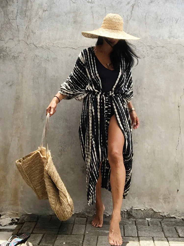 Fitshinling Summer Vintage Kimono Swimwear Halo Dyeing Beach Cover Up With Sashes Oversized Long Cardigan Holiday  Covers