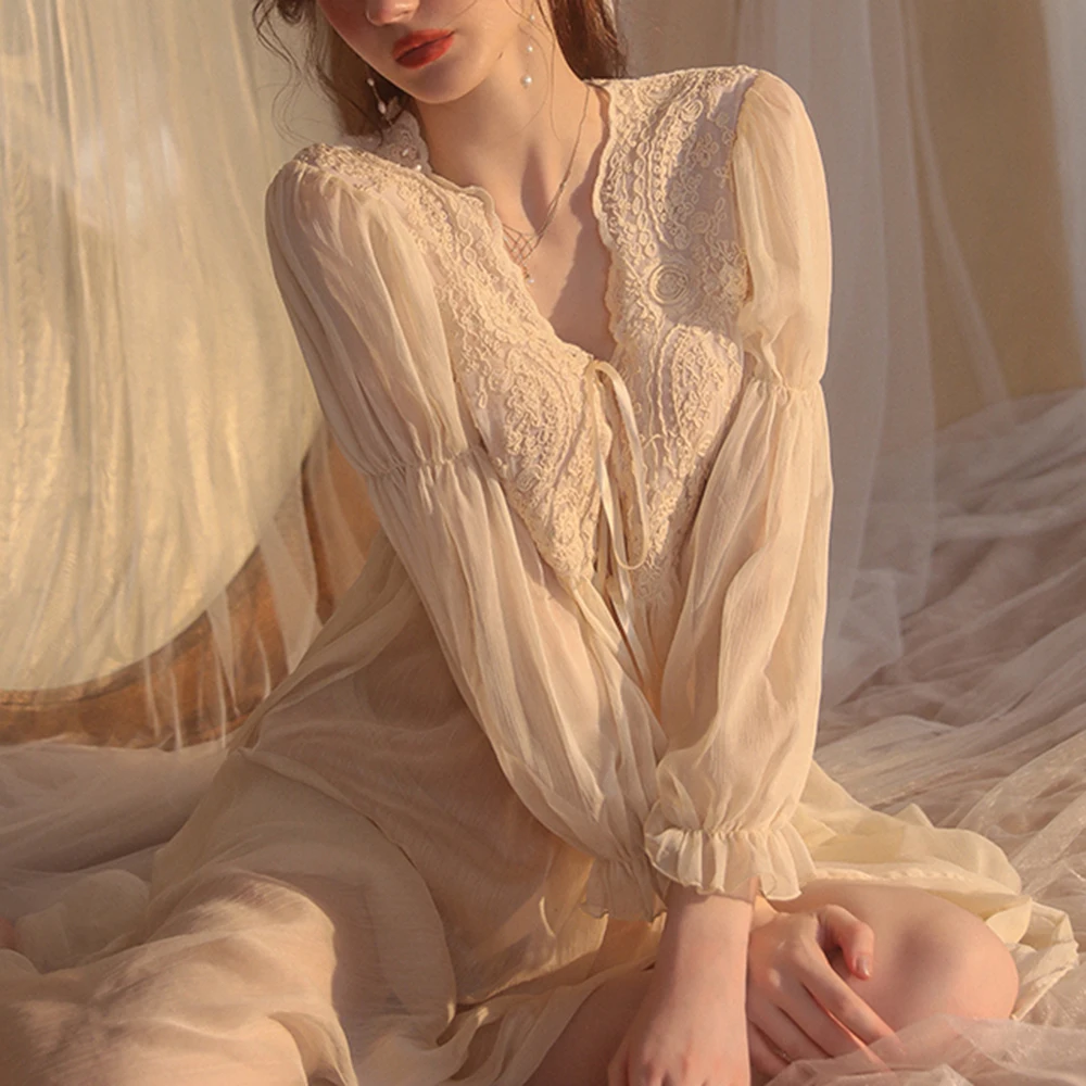 Long Sleeve Night Gown for Women Sexy Lace Nighty See Through Embroidery Nightwear Vestido Mujer V Neck Bandage Long Robe