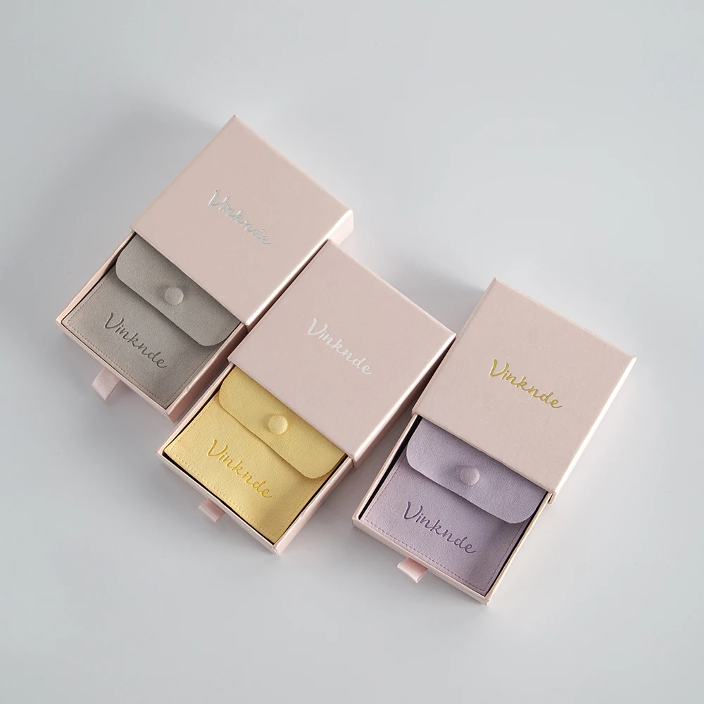 Custom Logo Wedding Gift Box Candy Pouches 9x9x3.2cm Drawer Jewelry Packaging Boxes Case Microfiber Earrings Pendant Button Bag