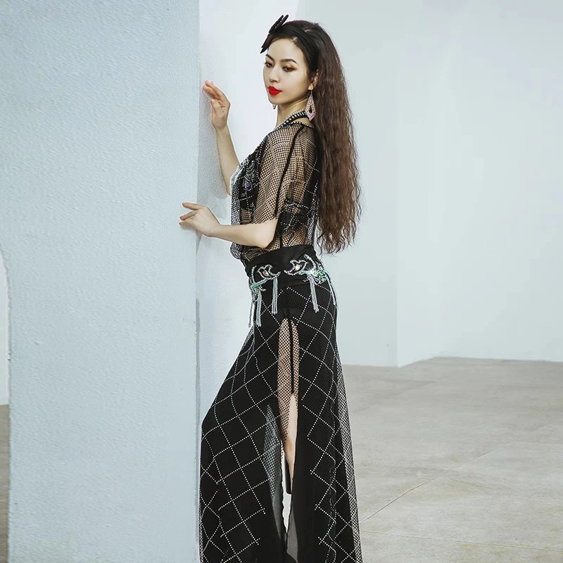 Черный костюм для танца живота Shaabi Baladi женский египетского групповой со стразами