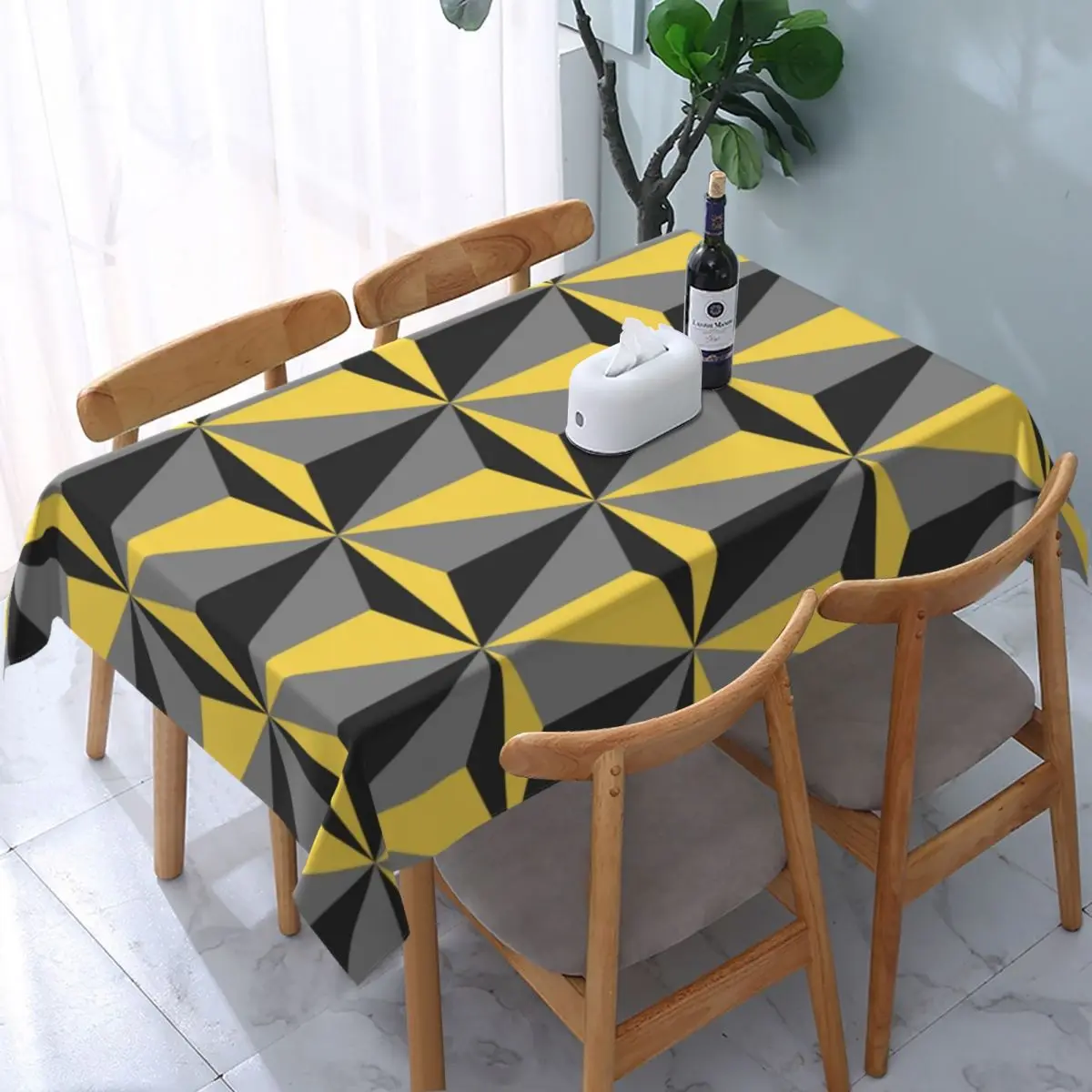 

Mustard Yellow And Gray Geometric Tablecloth Elastic Fitted Waterproof Gold Patterns Table Cover Cloth for Dining Room