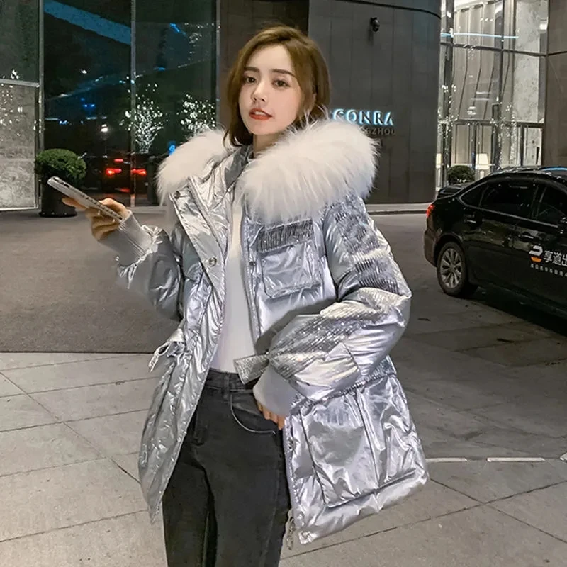 

2023 New Winter Hooded Down Padded Jacket Women Bright Face Jacket Big Fur Collar Long Parka Coat White Duck Down Padded Coat