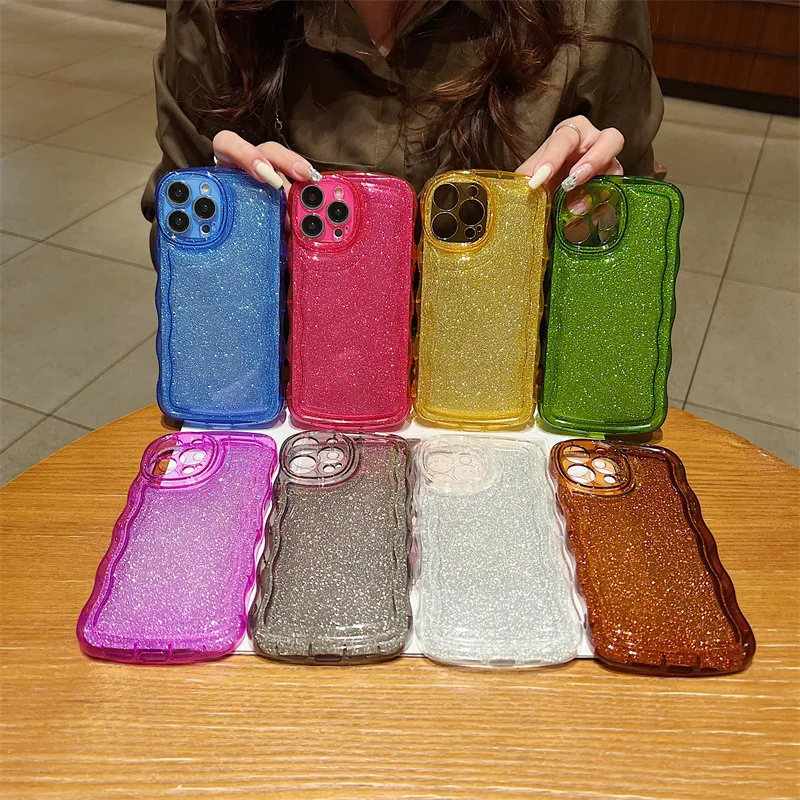 

Solid Color Transparent Wave Design Jelly Color Glitter Phone Case For IPhone14 13 12 11 Pro X/XS Max XR TPU Protective Cover