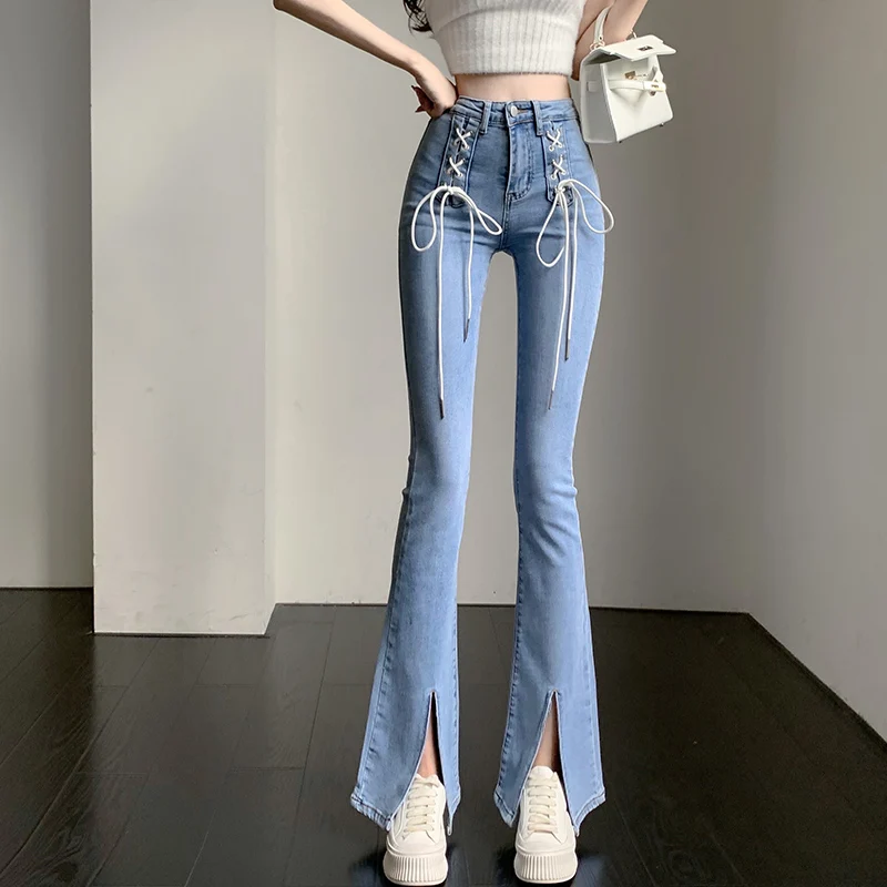 

Sexy Lace Up Skinny Blue Women Jeans High Waist Elegant Split Jean Vintage Denim Flare Pants Casual Club Female Bottom Jeans
