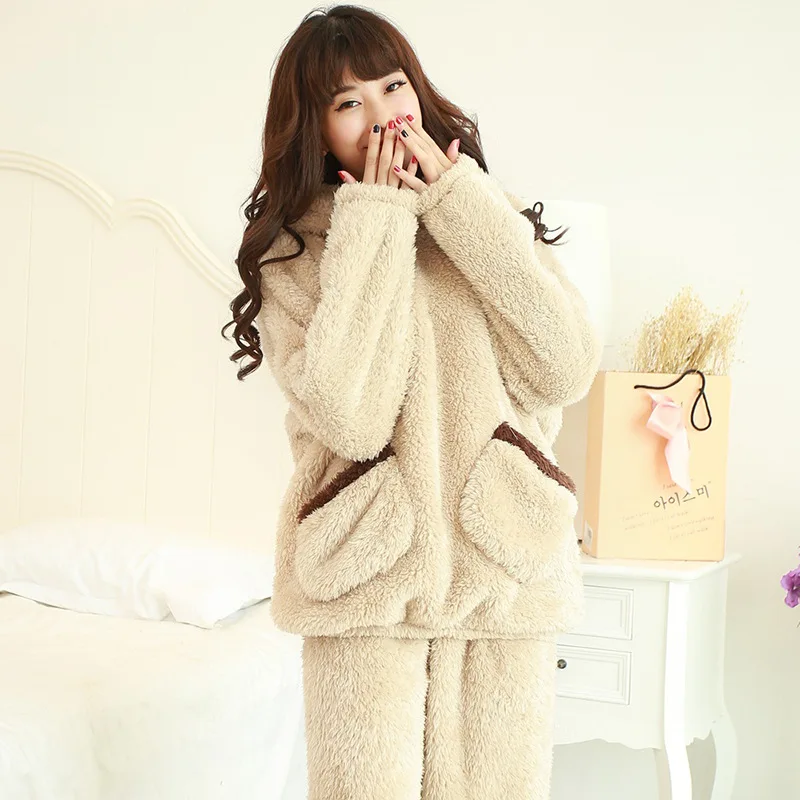 Ladies Pajama Sets Cute Style Nightgown Thicken Autumn And Winter Keep Warm Hoodie Pocket Hem Tightening Design