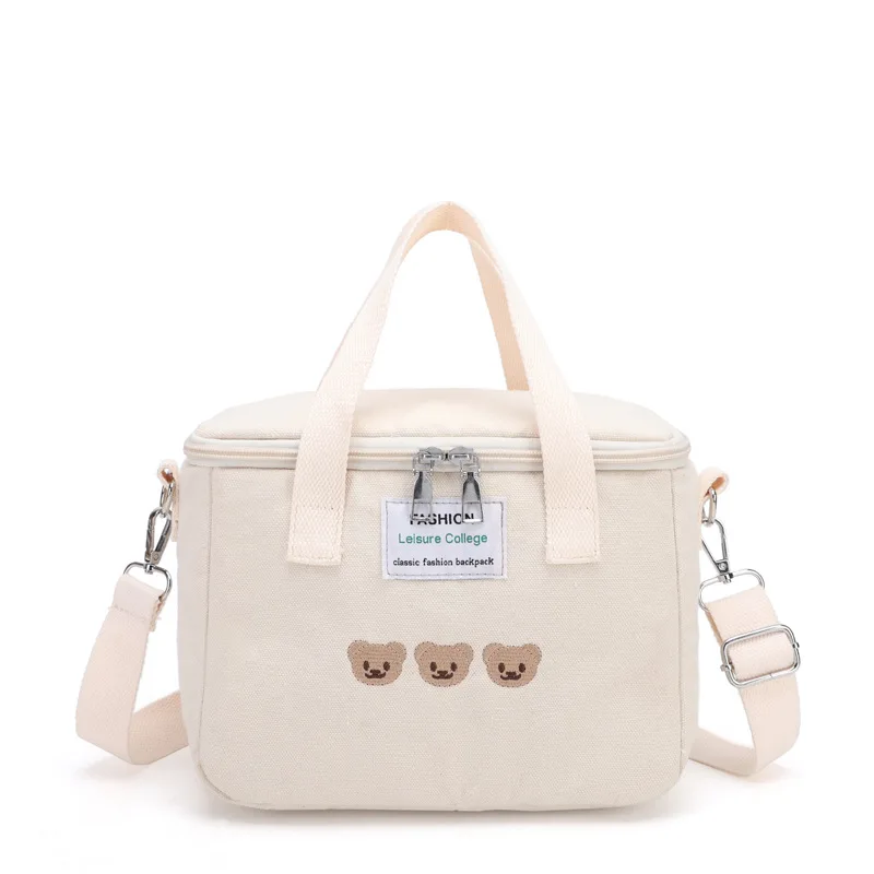 Korean Fashion Bear Lunch Bag Women Girls Large Capacity Canvas Shoulder Crossbody Lunch Box Portable Food Storage Bags