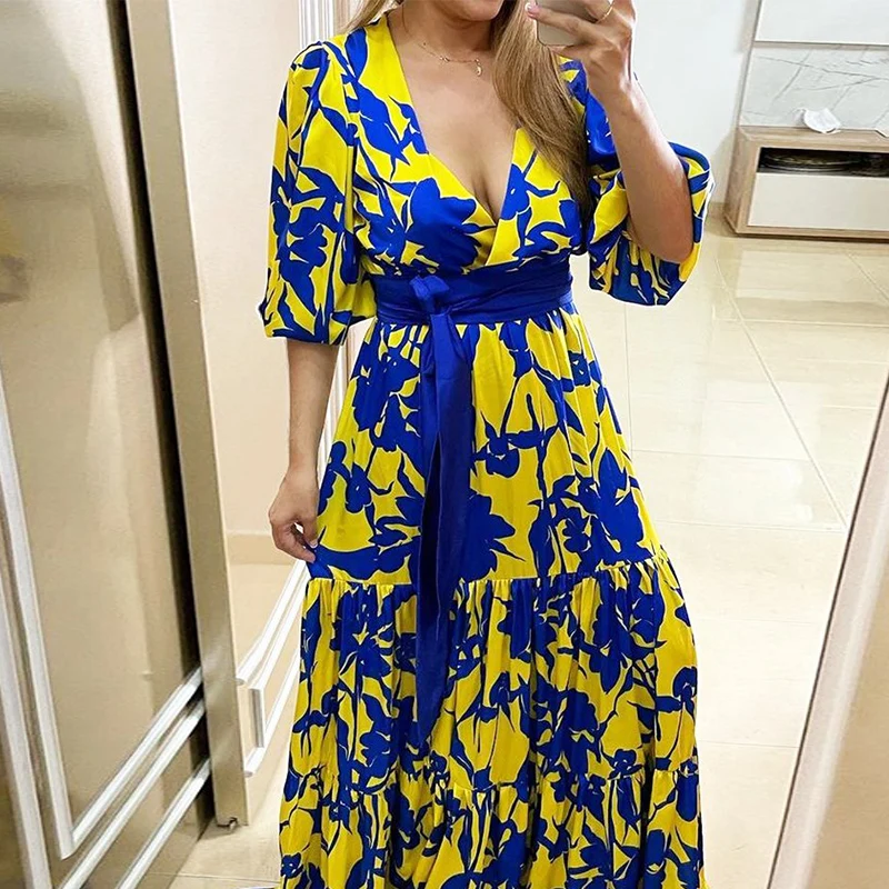 

Женское летнее платье-макси Ellafads с цветочным принтом, V-образным вырезом, завязкой, полурукавом, заниженной талией, Повседневная стильная дл...