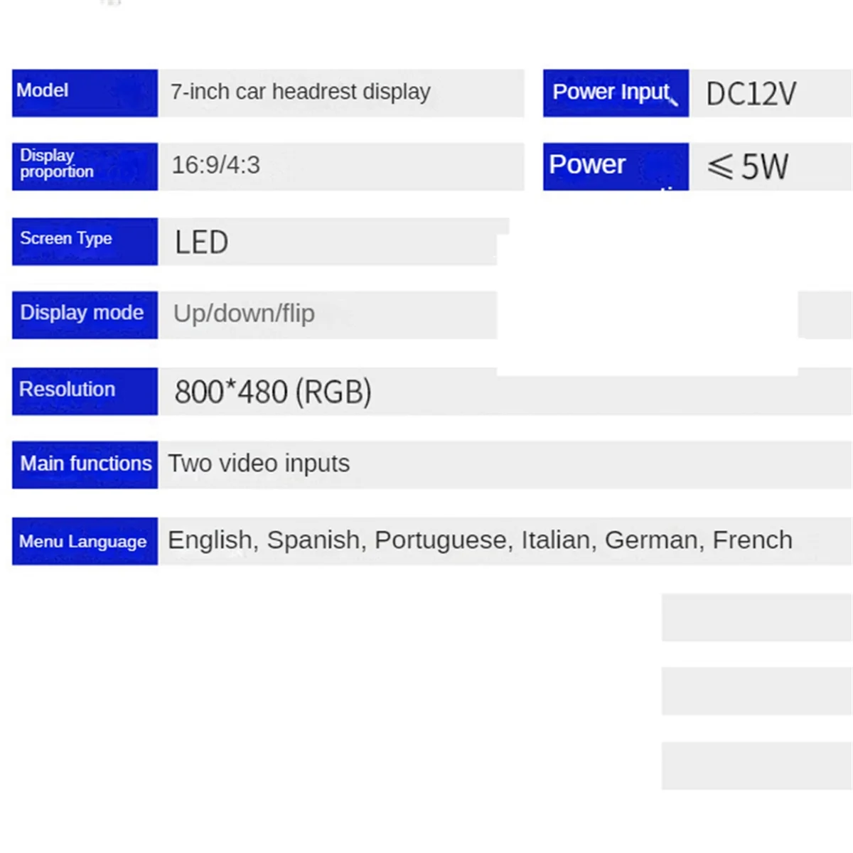 Монитор на подголовник автомобиля универсальный 7-дюймовый TFT светодиодный экран