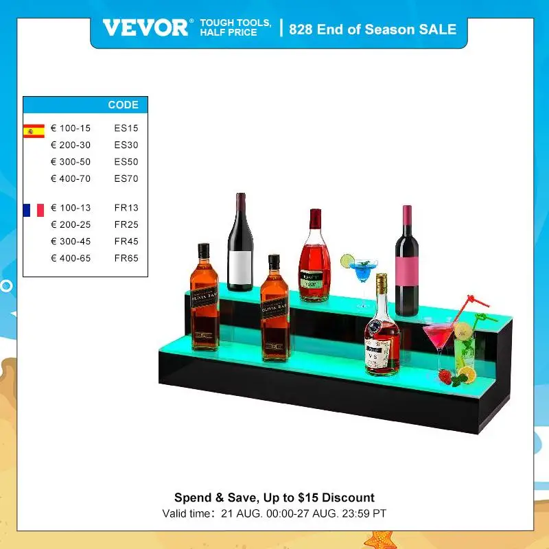 VEVOR LED Lighted Bar Shelf 2 Step Club Wine Bottle Rack Glo