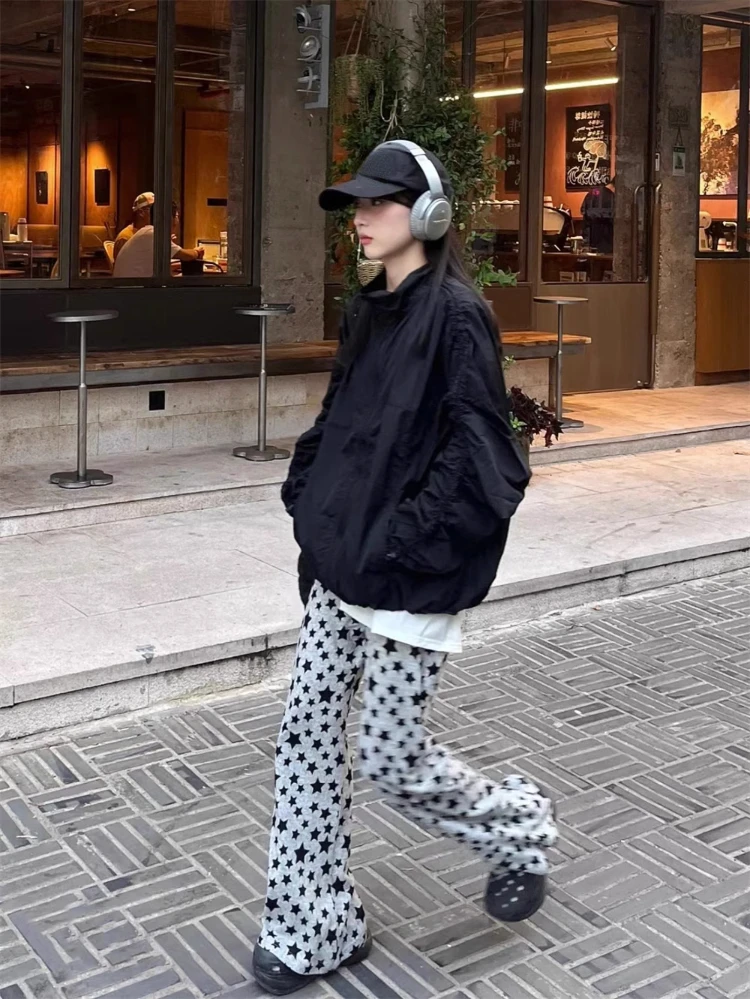 

American Vintage Star Print Flare Pants Autumn Grunge High Waist Straight Casual Pants Y2k Aesthetics Loose Wide Leg Trousers