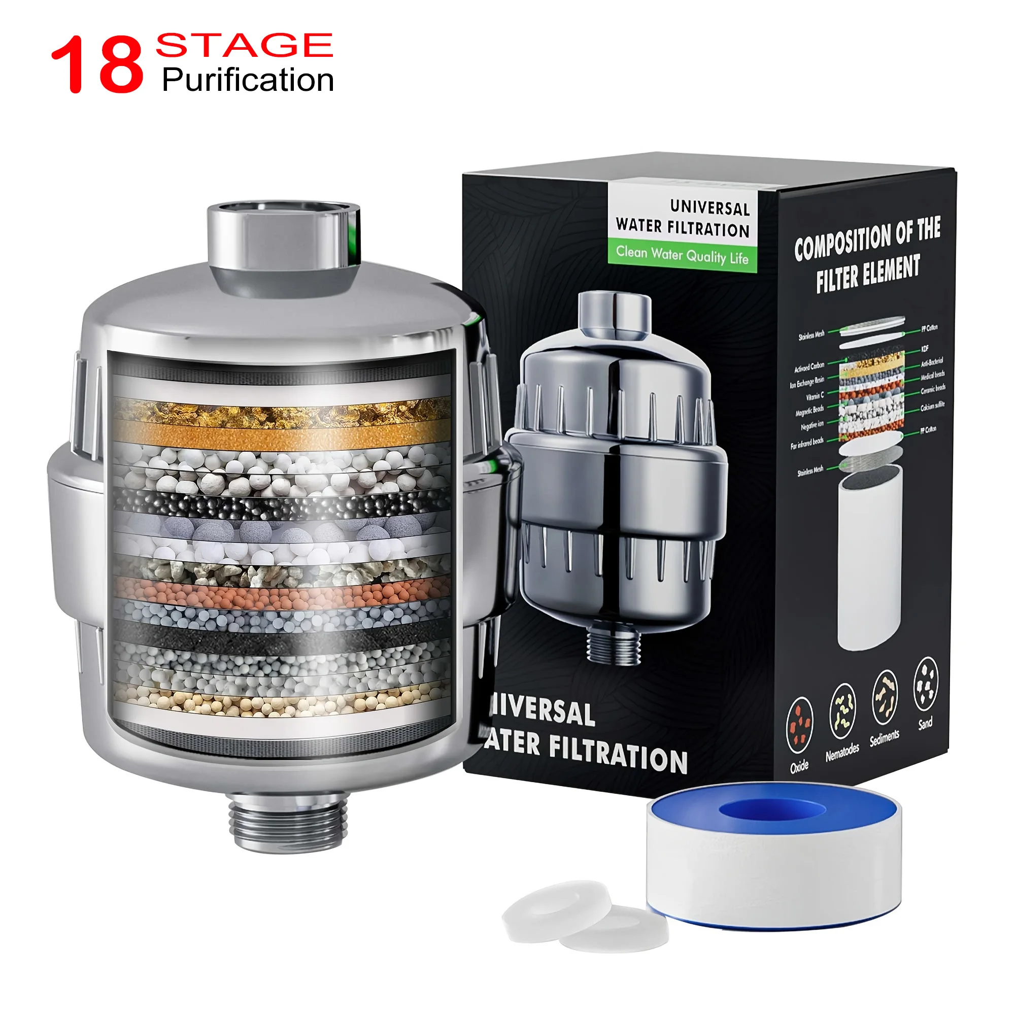 

18 Stage Activated Carbon Shower Water Filter Water Filtration for Bathroom Shower Chlorine Removal Reduce Dry Itchy Skin