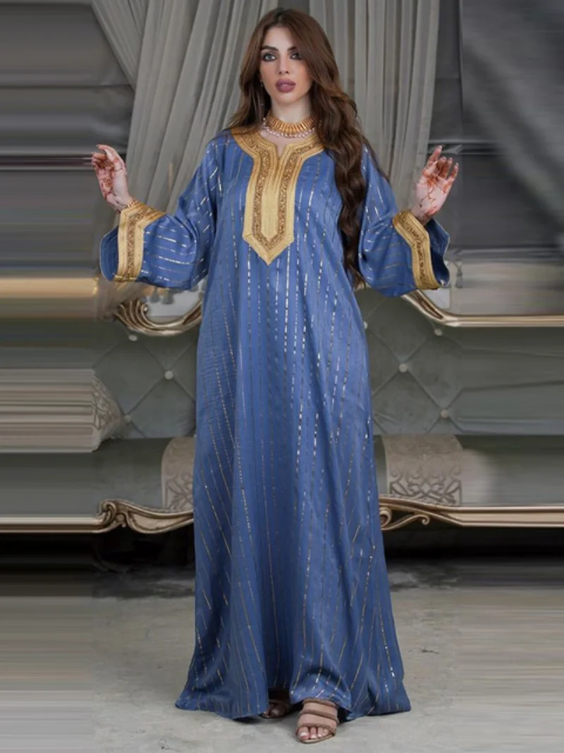 Moroccan Jalabiya Chic Striped Gold Stamping Arab Evening Dress Rhinestone Tape Trim O Neck Long Sleeve Kaftan Gulf Abayas Pink