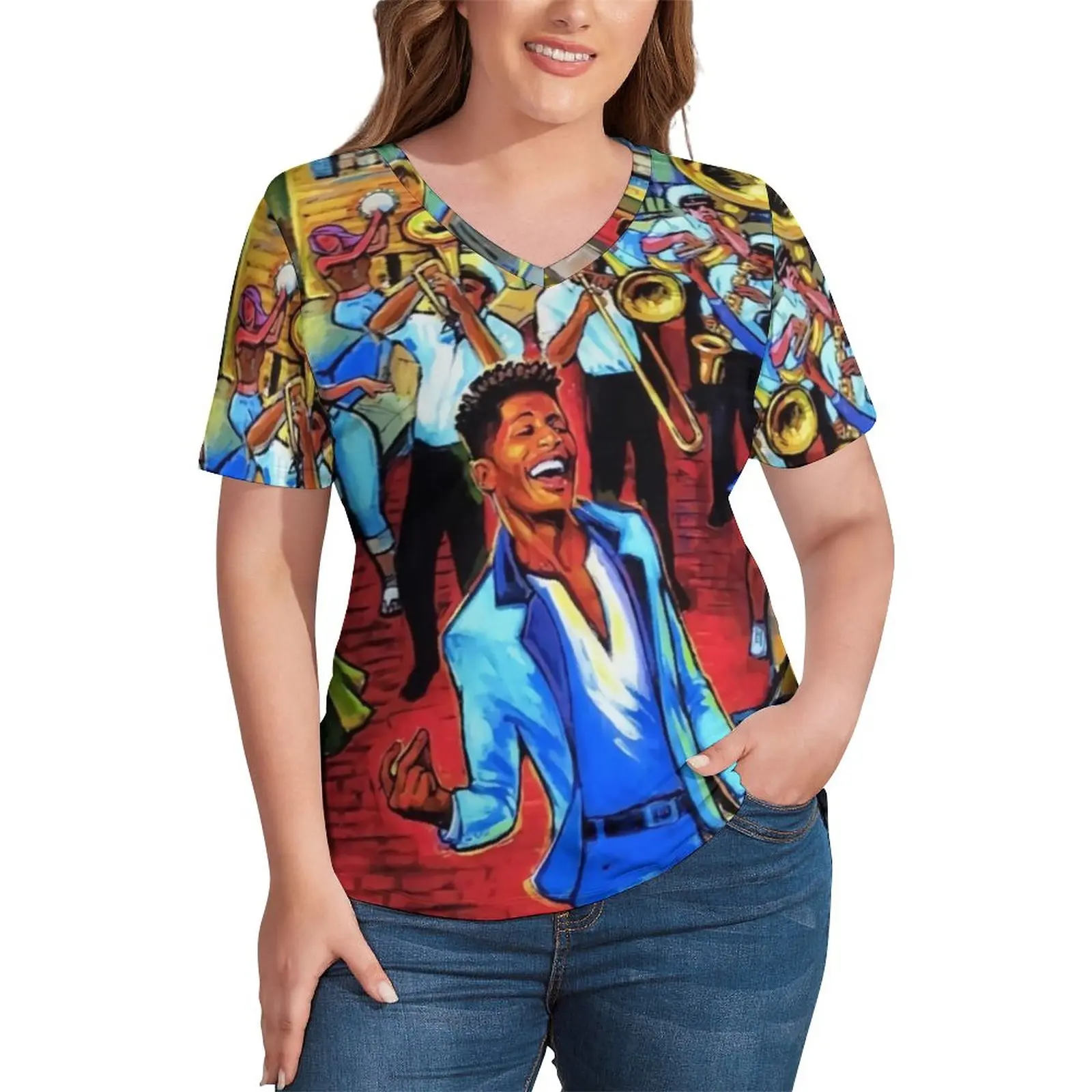 

Funny Jazz Festivals T Shirt Plus Size New Jazz Concert Pretty T Shirts Short Sleeve V Neck Basic Tees Ladies Sexy Graphic Tops