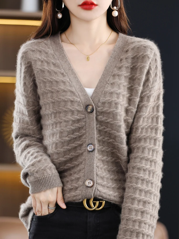 100% Merino Wool Cardigan Women's Clothing V-Neck Twisted Tops Autumn and Winter New Casual Knitted Loose Fashion Korean Jacket