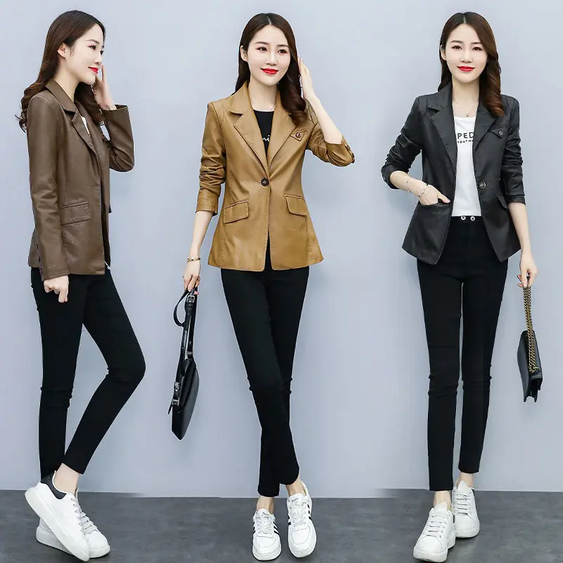 

Женская кожаная куртка, весна 2022, корейская мода, короткое пальто, универсальный пиджак из искусственной кожи, женские куртки на одной пуговице, шикарный женский пиджак