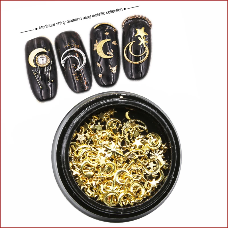 

1 банка с милой Луной и звездой, смешанные металлические шпильки в черной банке, металлическая 3D металлическая декорация для украшения ногт...
