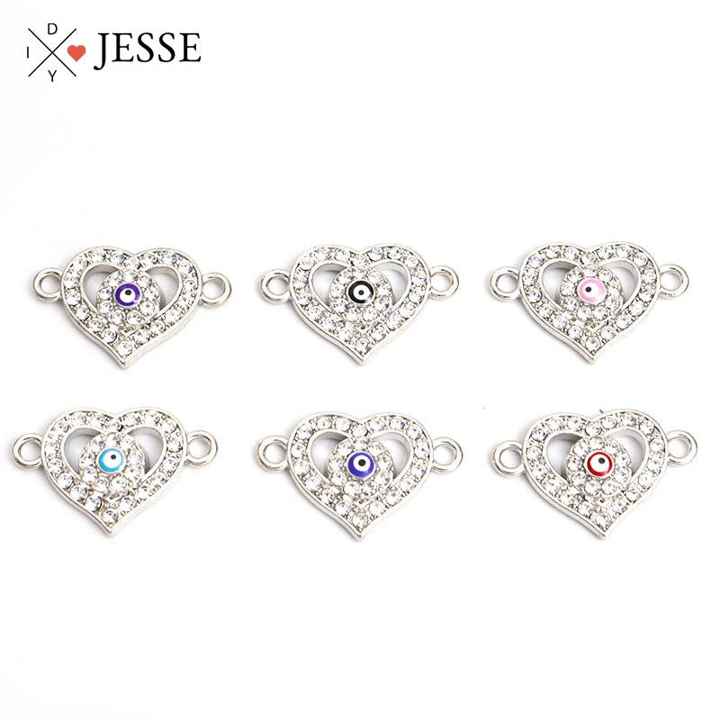 

10pcs Enamel Heart Shape Eyes Charm Connectors Lucky Blue Turkish Evil Eye Crystal Pendant Inlaid Rhinestone Jewelry Accessories