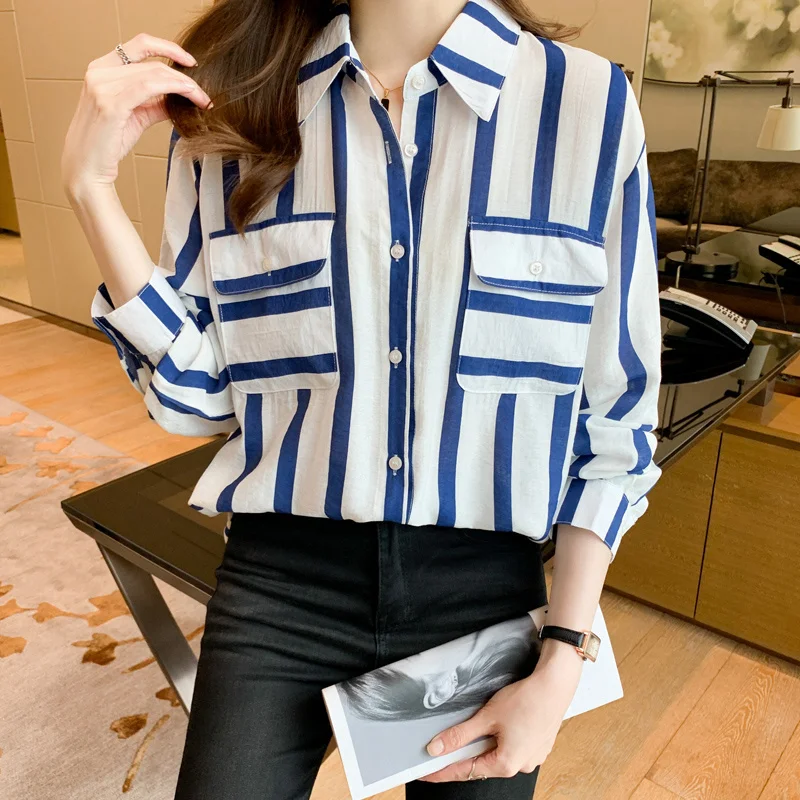 

Женская шифоновая рубашка в полоску, свободная однобортная блузка в стиле ретро, Повседневный Кардиган с длинным рукавом и карманами, большие размеры, весна