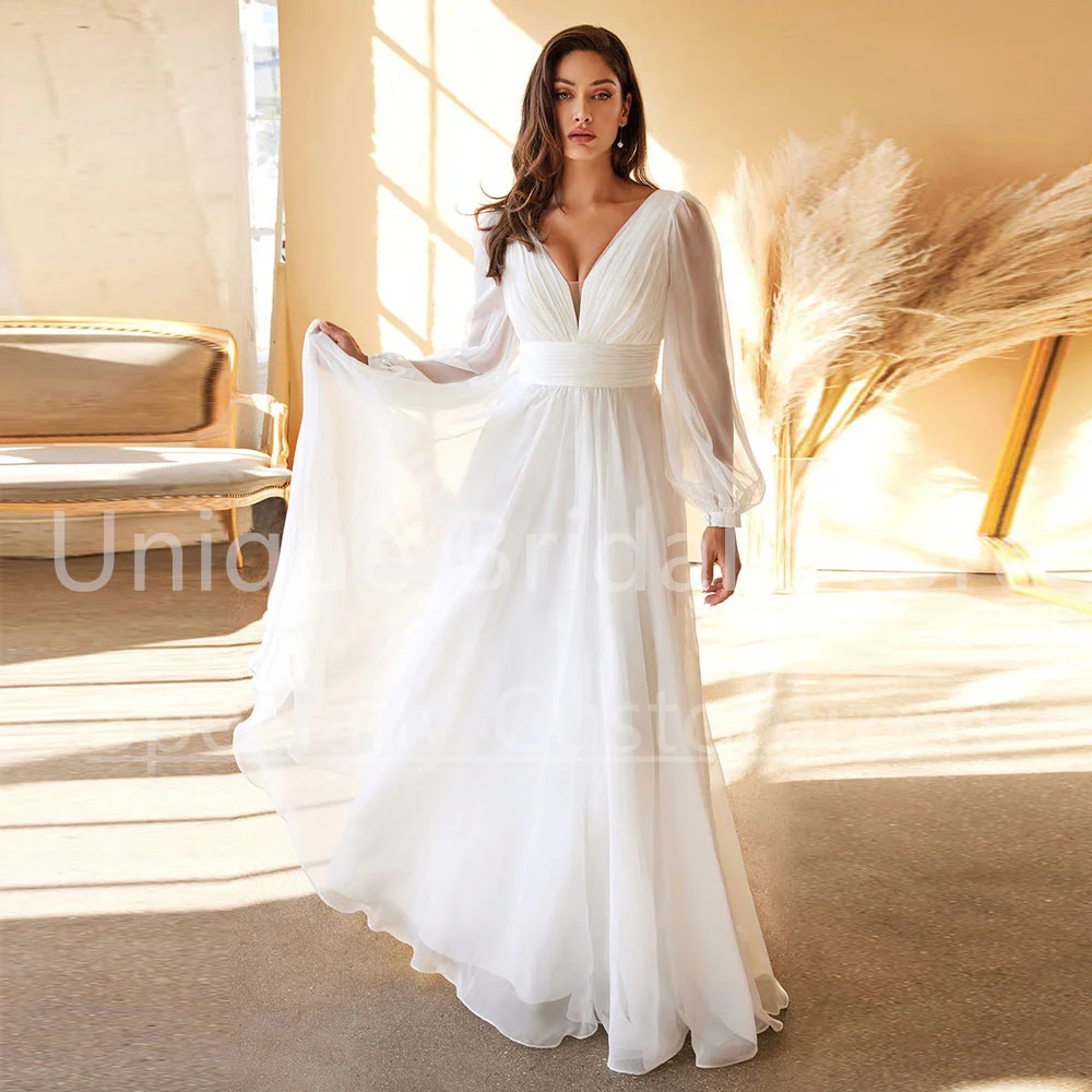 

Chiffon A-Line Bridal Gown V-Neck Long Sleeve Backless Zipper With Pleat Simple Floor-Length Wedding Dress For women Bride