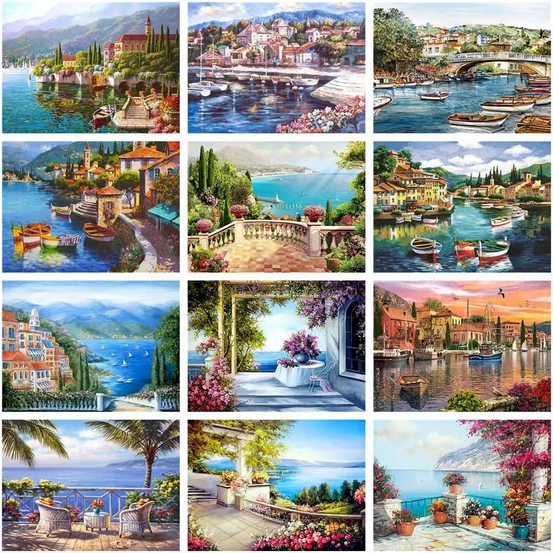 

DIY Oil Painting By Numbers Seaside House Scenery Ideas Gift Handpainted Art Wall Living Room Home Decor Kids Room Decoration