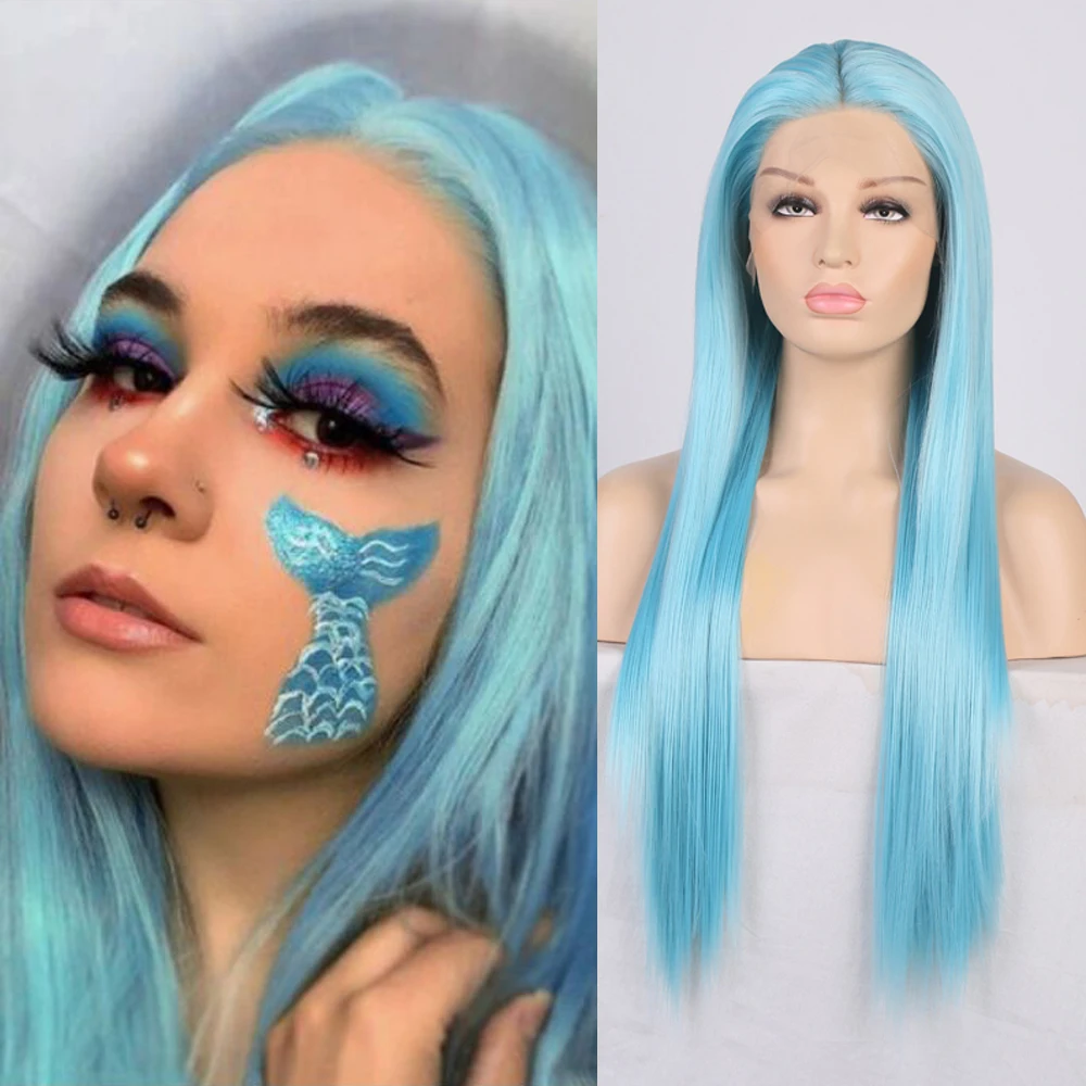 

Synthetic Blue Hair Lace Front Wig High Quality With Baby Hair Factory Price Straight For Black Women Daily Wear Use Lace wigs