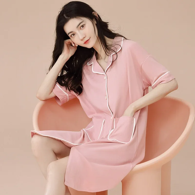 Летняя хлопковая ночная рубашка женский кардиган с короткими рукавами платье