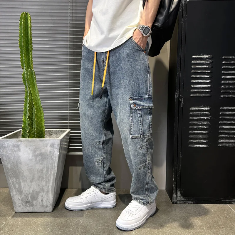 Street Fashion Men Jeans Loose Fit Retro Blue Big Pocket Casual Denim Cargo Pants Hombre Hip Hop Harem Jeans Wide Leg Trousers