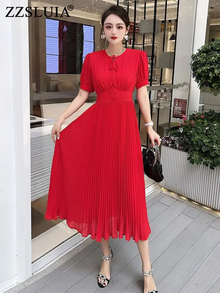 

ZZSLUIA Elegant Dresses For Women Red Collar Draped Shirring Designer slim Midi Dress Fashion Short Sleeve Lace-up Summer Dress