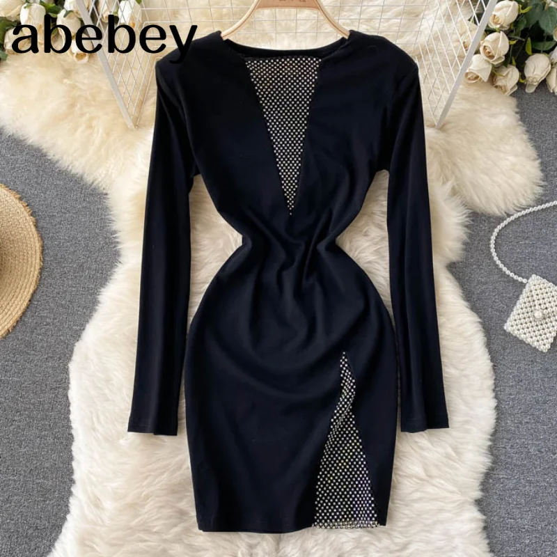 

Осеннее винтажное черное облегающее платье, женское роскошное вечернее мини-платье с круглым вырезом и длинным рукавом, украшенное стразам...